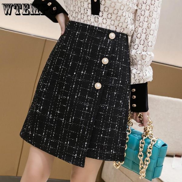 

dresses wtempo pearls buttons plaid tweed skirts women high waist pencil black wool mini skirt autumn winter vintage office plus size, White;black