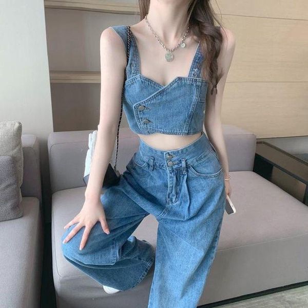

capris high street style denim suit women's denim sets autumn new short camisole + high waist wide leg pants twopiece suit trend, Black;white