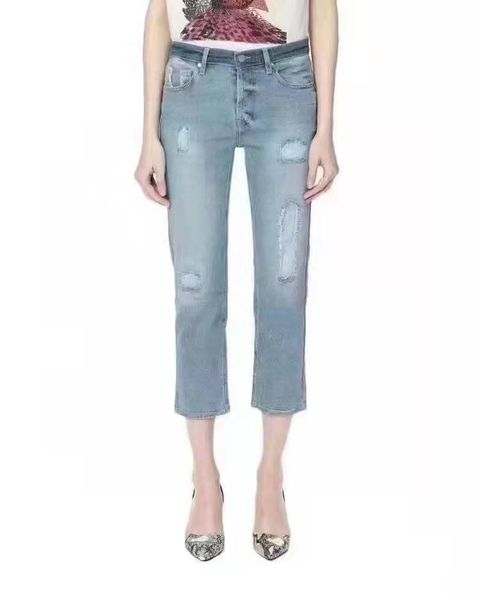 

jeans zv new light blue perforated design temperament seven point washed jeans