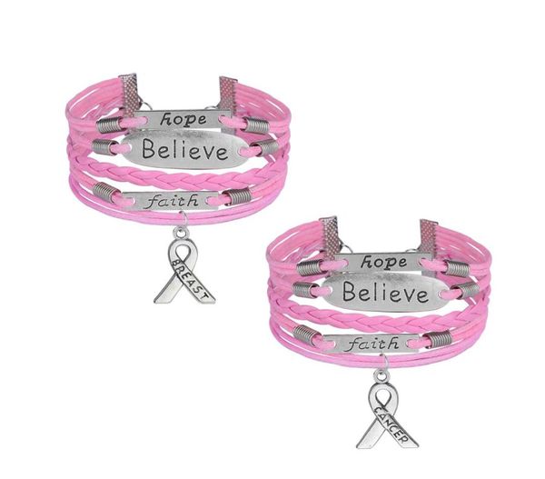 

leather rope wrap cancer awareness bracelet believe faith hope breast charms retro personality handmade jewelery for women girls g2506735, Golden;silver