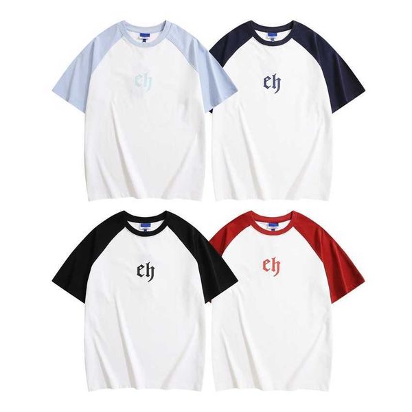 

wassup co branded ch letter short sleeved t-shirt summer color matching shoulder insert loose fitting couple outfit, White;black