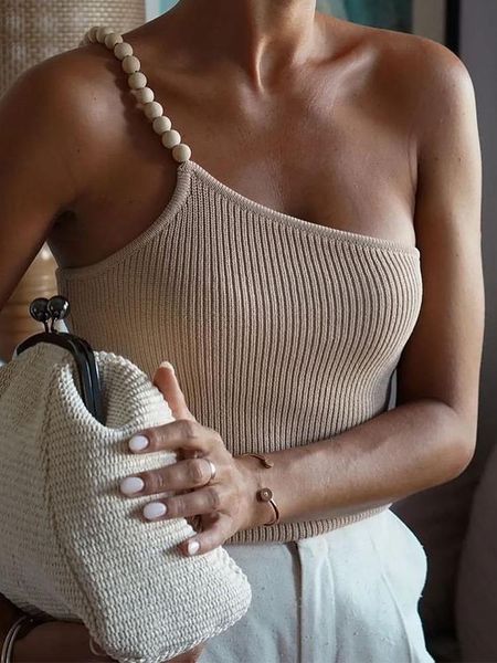 

tanks traf women summer slim kintted pearl tank 2022 vintage elastic sleeveless asymmetrical t shirts vest wholesale, Black;white