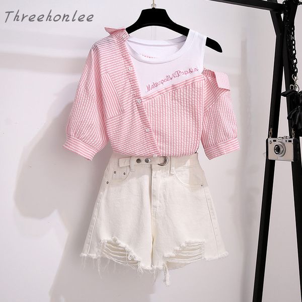 

women's tracksuits 2023 summer two piece women set casual slash neck strap shirt shorts skirt sweet young 2 suit 230421, Gray
