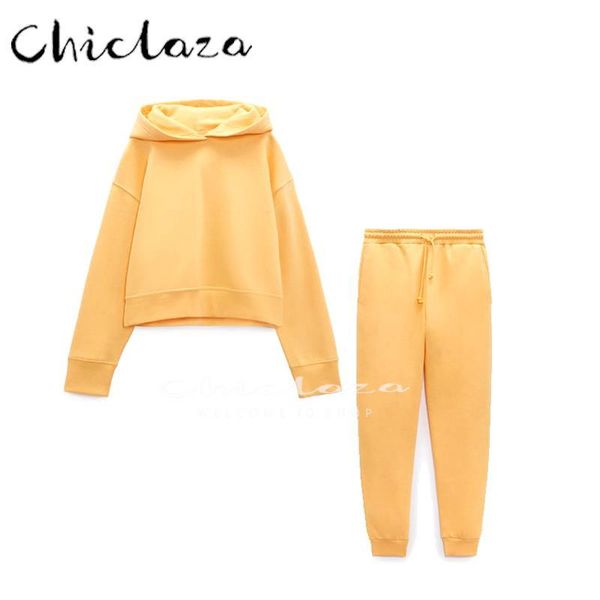 

pants chiclaza women 2022 autumn winter pullover sport hooded sweatshirt+elastic waist pants jogging female casual trouser 2 piece set, White