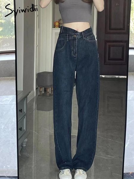 

jeans syiwidii irregular high waisted jeans women vintage streetwear casual wide leg denim pants straight boyfriend jeans female 2022, Blue