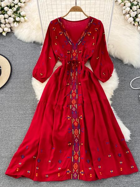 

dresses autumn bohemian retro ethnic style heavy industry embroidery vneck waist aline seaside holiday swing long vestidos dress d1631, Black;gray