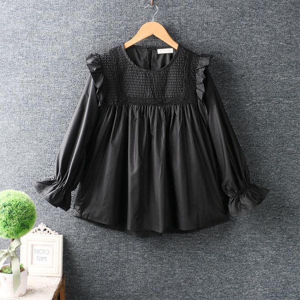 

shirts 2022 spring new women's sweet round neck pleated shirt long sleeve casual top, White