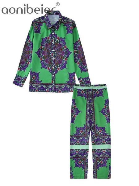 

pants aonibeier 2022 autumn women casual printed suits traf loose shirt elastic waist zipper ankle pants female chic 2 piece sets, White