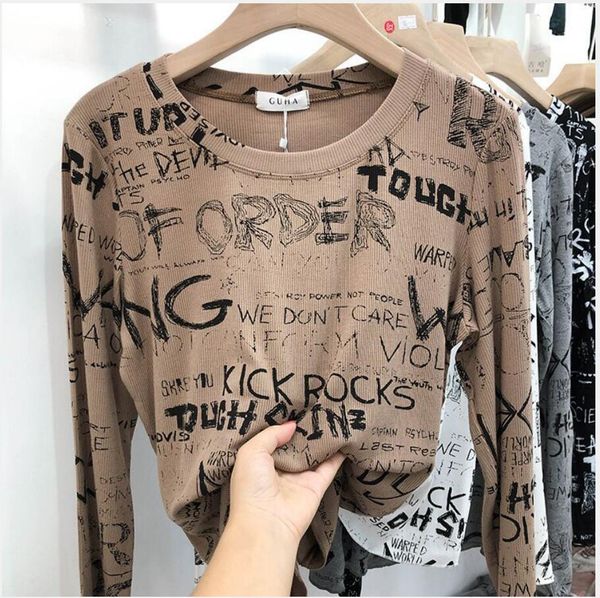 

t-shirt women slim shirt round neck turtleneck letter printing long sleeve short tshirt autumn and tees short casual sxxl, White