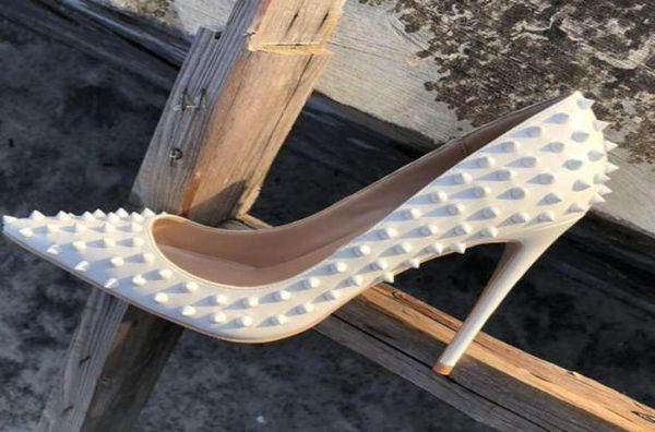 

fee newsstyle casual designer white patent leather studded spikes point toe high heels shoes pumps bride wedding party shoes6581480, Black