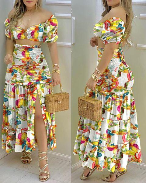 

dress summer fashion holiday floral print o neck crop shirr +slit high waist women maxi skirt sets 2022 female fashion new, White