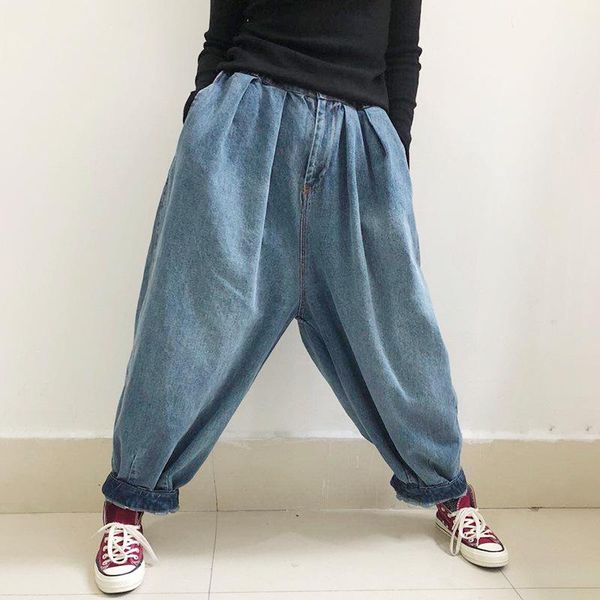 

jeans women elastic waist denim pants jeans ladies loose simple denim trousers washed jeans harem pants spring, Blue