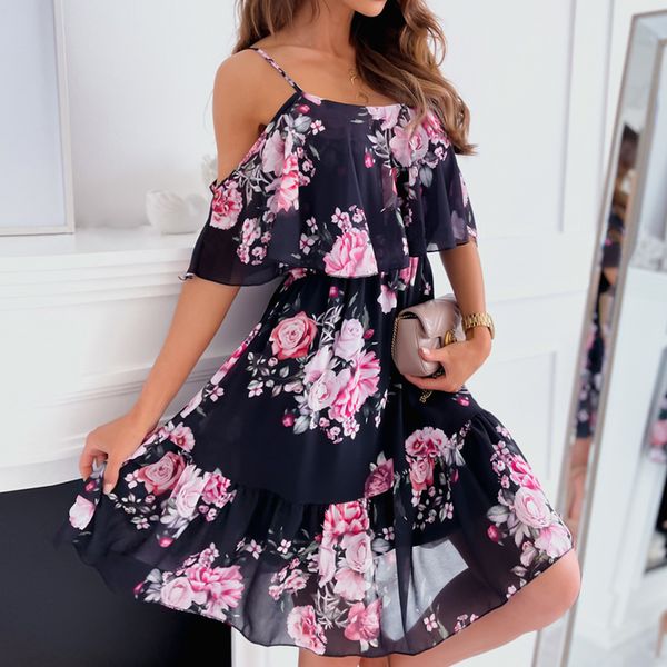 

casual dresses women spaghetti strap summer floral print off shoulder mini elegant ruffle sundress beach party vestidos 230422, Black;gray