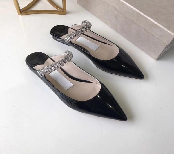

patent leather flat sandal women stiletto high heel sandals designer crystal strap mules summer women pointed slip on flat shoes8033348, Black