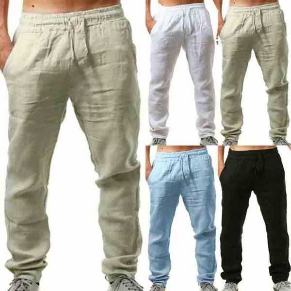 

pants m3xl men trousers cotton elastic linen pants fashion casual new, Black