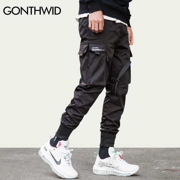 

pants gonthwid ribbon buckle multipockets harem joggers pants streetwear 2023 men hip hop casual cargo sweatpants trousers pants male, Black