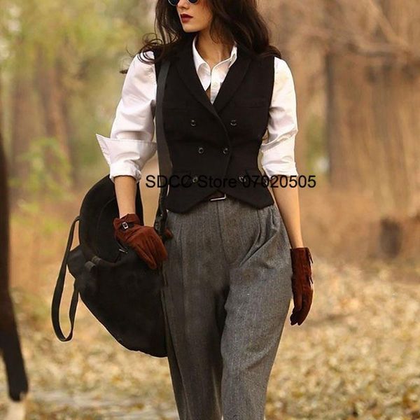 

vests new women's vest herringbone wool sleeveless jacket casual party vneck ladies coats colete, Black;white