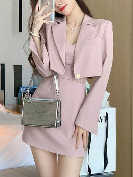 

two piece dress korean style two piece dress set women elegant blazer coat strap dress set female casual france vintage dress suit 230422, White