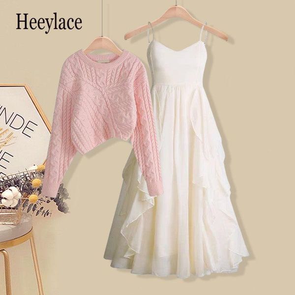 

dress women spring dresses two pieces sets korean long sleeve pullover knitted sweater and ruffles patchwork mesh dress suit, White