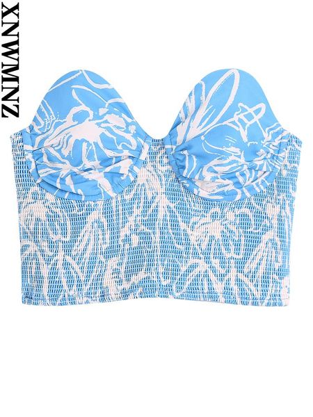 

tanks xnwmnz ladies fashion printed linen blend crop female vintage sweetheart neck summer strapless top, Black;white