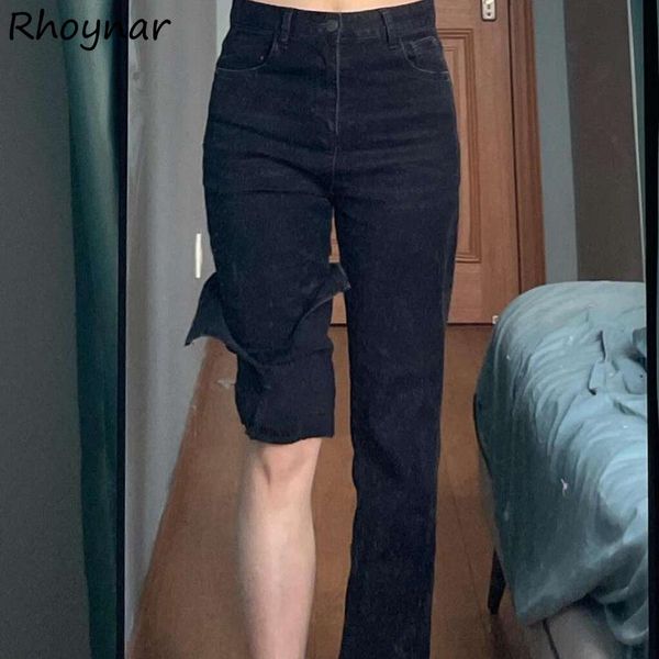 

jeans jeans women side split full length flare trouser high waist solid denim soft design simple college allmatch aesthetic autumn, Blue
