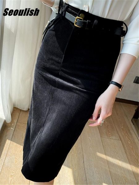 

dresses seoulish corduroy women's midi wrap skirts with belted 2022 new autumn winter high waist back split office female sheath skirts, White;black
