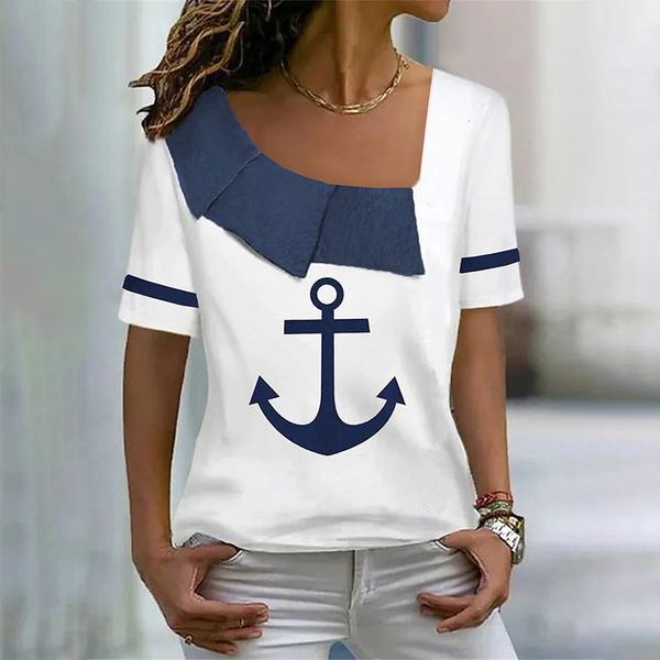 

women's t-shirt summer women t shirt boat anchor print fashion v neck short sleeve tees pullover women's casual loose t-shirt y2k, White