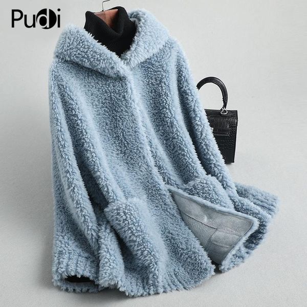 

fur pudi women winter real wool fur coat jacket female girl sheep shearing hooded coats lady fur parka jacket overcoats a59428, Black