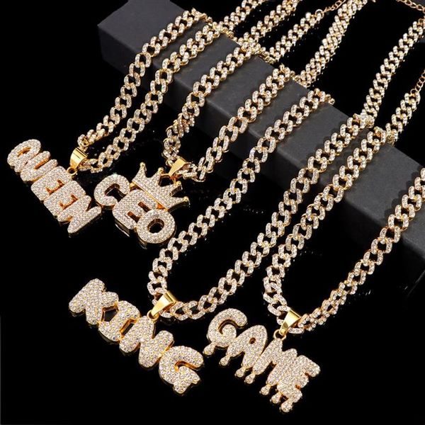 

chains hip hop king queen letter pendant necklaces for women men iced out crystal miami cuban link chain necklace punk rock jewelr229t, Silver