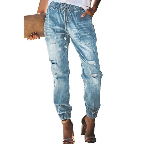 

jeans fashion woman pant denim jeans for women retro european style elastic waist woman jeans cargo pants women, Blue