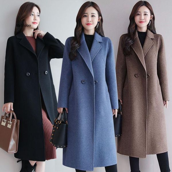

fur solid full long sleeves thick fashion women woolen overcoat wool blends large size coat autumnfemale section woolen coat, Black