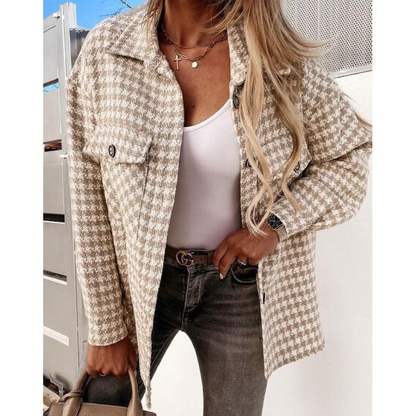 

fur fashion houndstooth woolen coat woman autumn lapel long sleeve women's cardigan winter loose casual singlebreasted female, Black