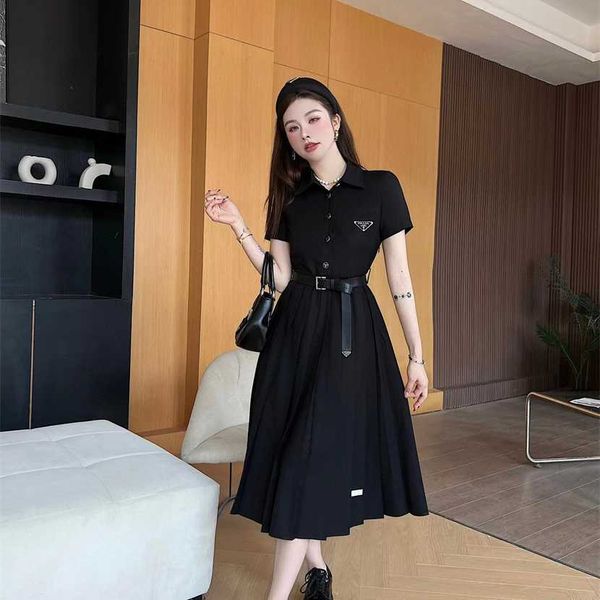 

26% off clothing designer quality family spring/summer new fashion classic pocket triangle label shirt collar large swing dress (with belt), Black;gray