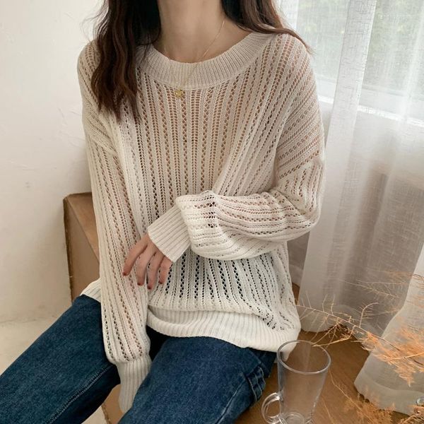 

women's blouses white blouse women chic autumn korean style retro hollow out sunscreen sweater long-sleeved thin loose lady 15723