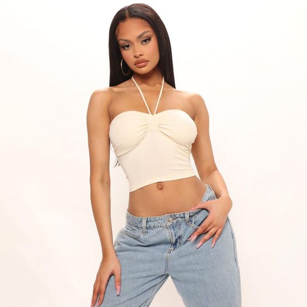 

t-shirt spicy girl look women's halterneck straps crumpled backless camisole crop top, White