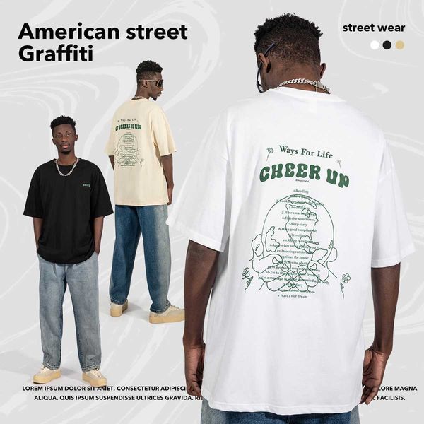 

2023 t shirt american fashion brand short sleeve men's fog color matching loose oversize print t-shirt cotton crew neck couple dress, White;black