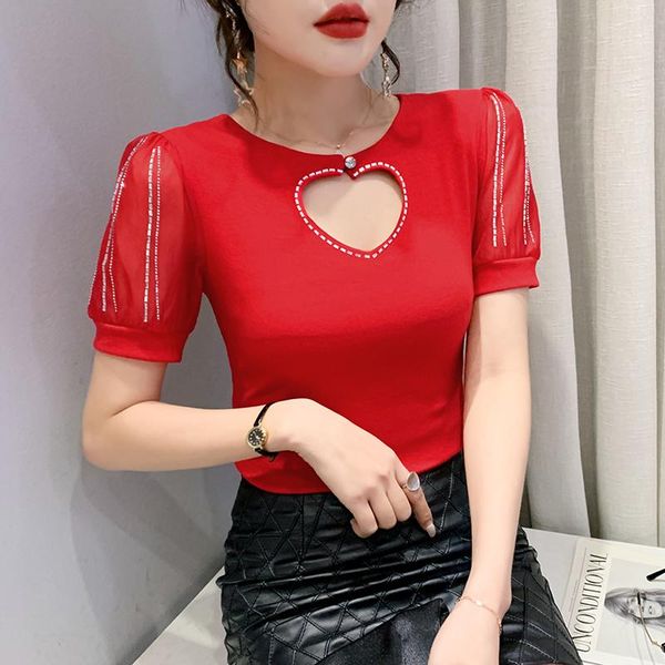 

t-shirt summer 2022 new women's tshirt fashion casual short sleeved hollow out drilling mesh m3xl plus size blusas, White