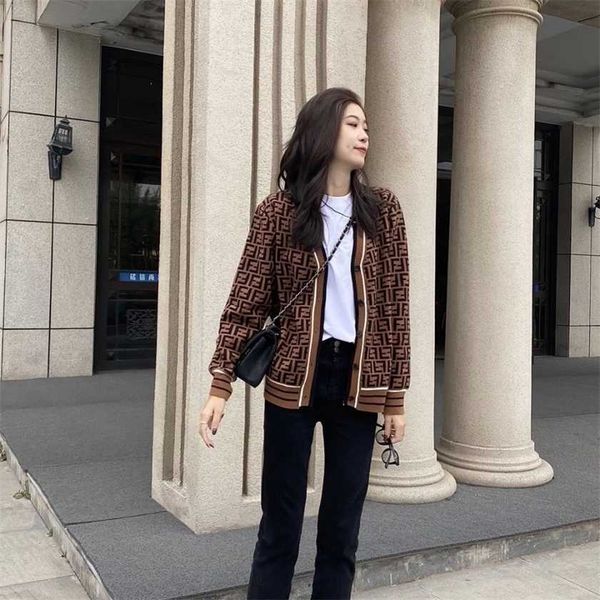 

26% off double letter v-neck knitted cardigan vintage knit spring new women's coat, White;black
