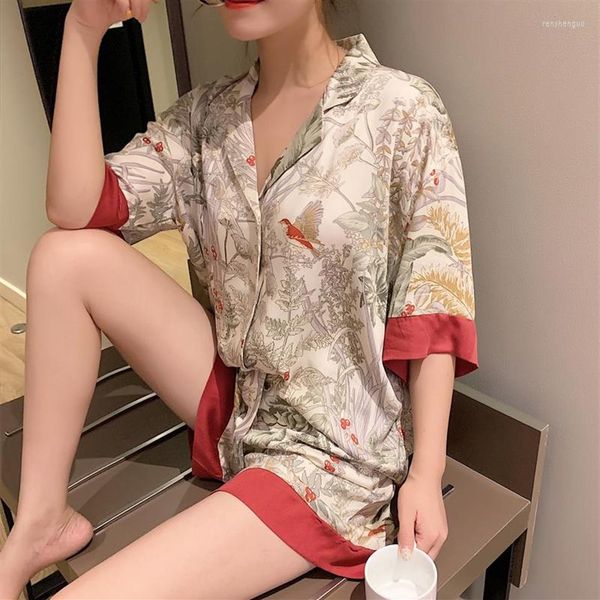 

women's sleepwear 2 piece women set spring summer short sleeve pajamas for woman silk fashion flowers bird print satin p237i, Black;red