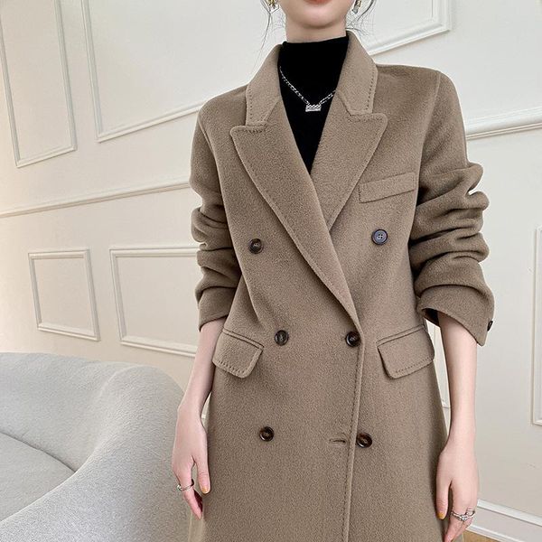 

fur women's woolen coat 2022 autumn winter long cloak lapel doublebreasted windbreaker female solid color lengthen cashmere coat, Black
