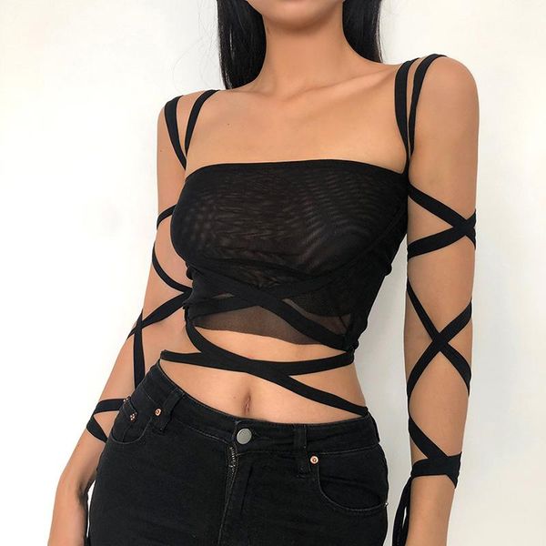 

t-shirt summer new women's straps solid color navel fashion sling vest women net yarn bandage backless women sleeveless crop, White