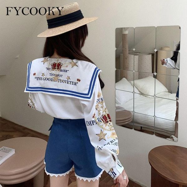 

dress 2021 autumn new short sets women navy collar printed long sleeved shirt + lace stitching shorts twopiece suit female, White