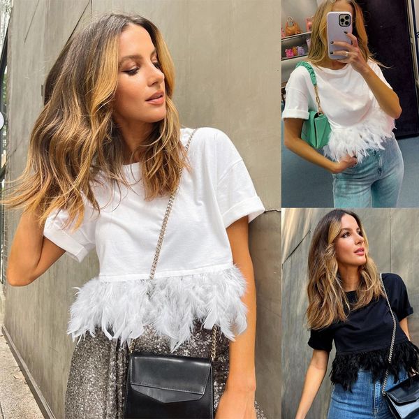 

women's t-shirt short sleeve feathers crop women black summer white furry o-neck t shirts female elegant y2k club party 230421