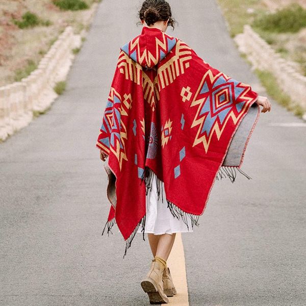 

raincoats women autumn winter hippie vintage floral gypsy lady tassel capes cardigan hoodies long sleeve ethnic red poncho cloak, Black