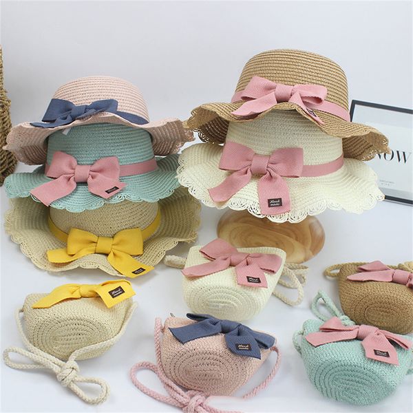 

wide brim hats bucket 2pcsset kids straw shoulder bags set girls summer outdoor beach cap cute bowknot travel sun bag panama 230421, Blue;gray