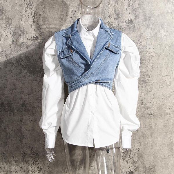 

women's blouses irregular sleeveless denim vest lapel single breasted puff sleeve shirt for women 2023 summer loose fashion clothing 1b, White