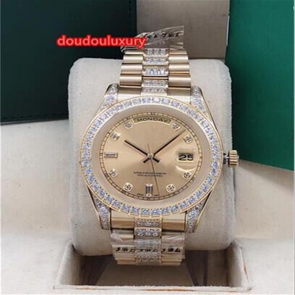 

golden stainless steel men's watch gold face diamond stainless steel strap new automatic fashion wrist watch2557, Slivery;brown