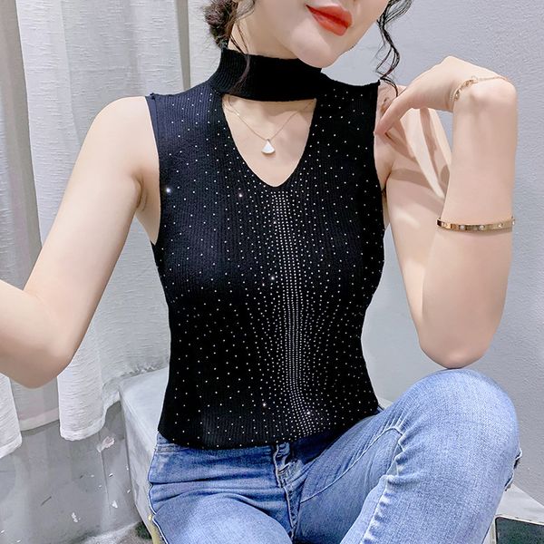 

women's tanks camis 5355 summer black white blue knitted tank women hollow out diamonds tight short knitwear crop t shirt outerwear 230