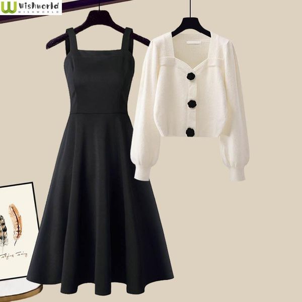 

dress fashion casual suit women 2022 autumn and winter new korean style temperament age reducing sweater dress twopiece set, White