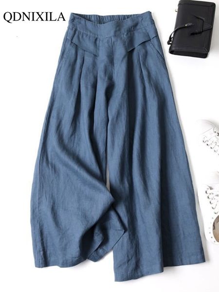 

women's pants capris spring summer women's cotton linen wide leg pants loose elastic high waist thin ladies skirt pants capris fla, Black;white